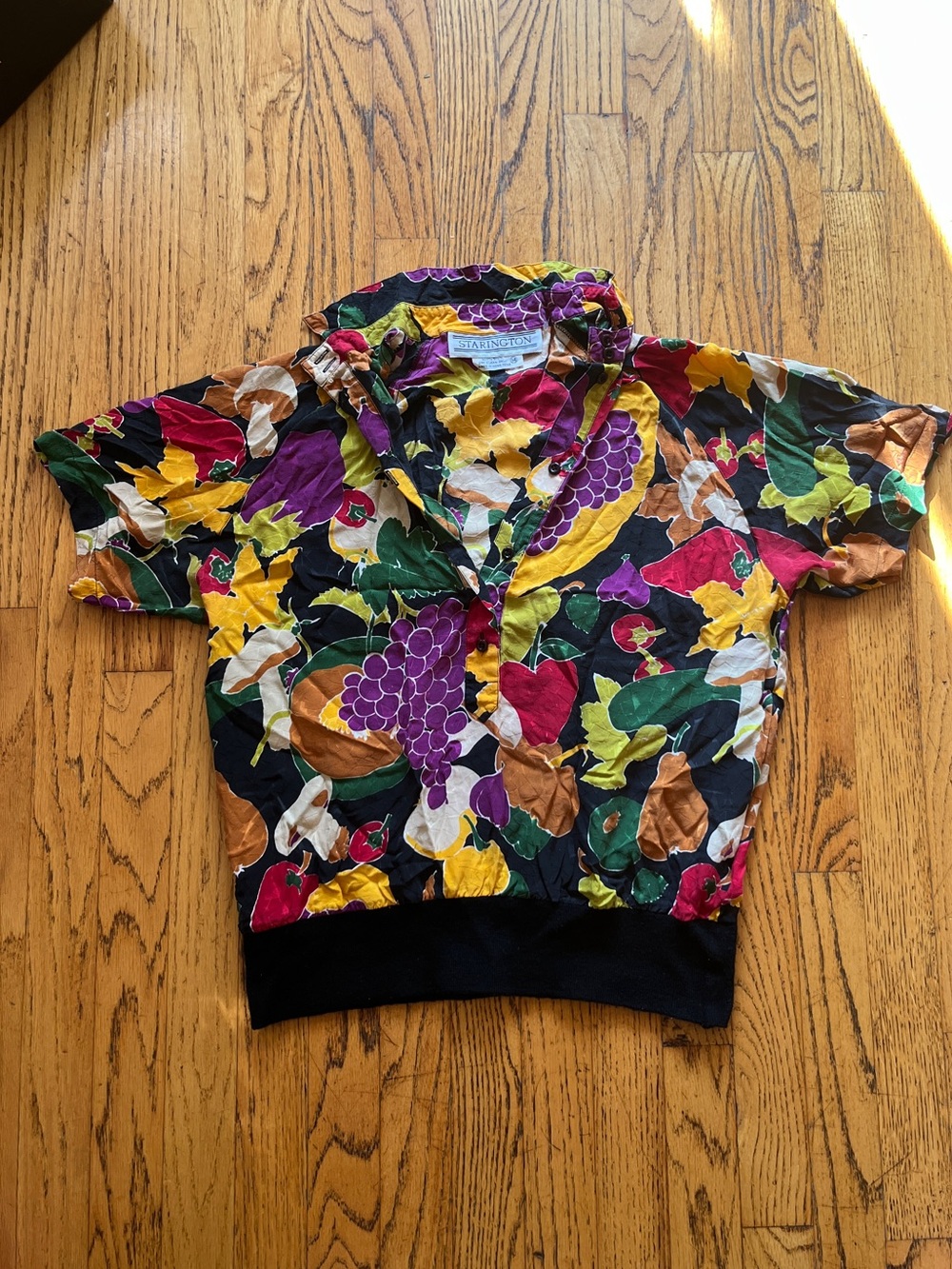 Vintage Colorful Fruit-Print Silk Blouse